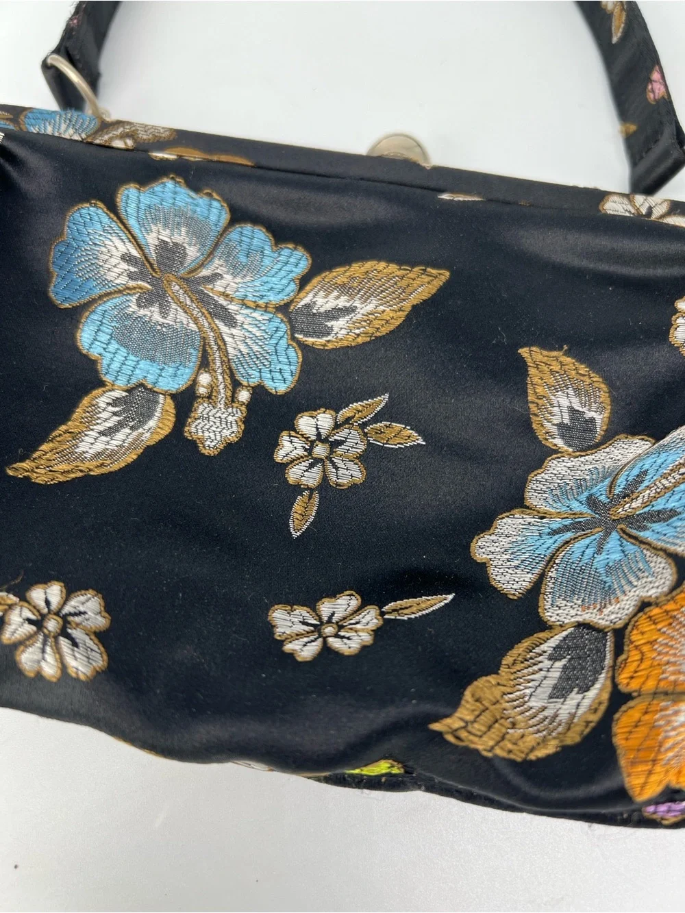 Floral Satin Top-Handle Clutch Bag – Black with Multicolor Flowers